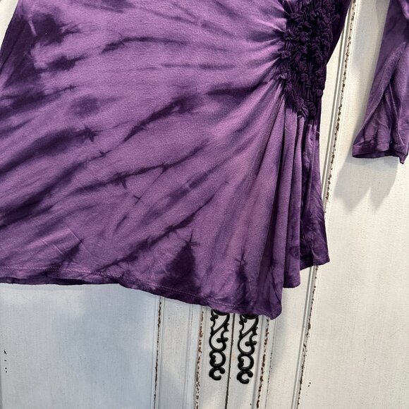 Women's Purple Tie-Dye 3/4 Sleeve Side Ruched Top Size Sm - Picture 4 of 8